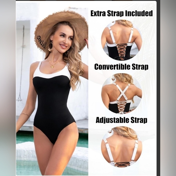 Elegant Black and White Women's One Piece Swimsuit Size M - Picture 2 of 4